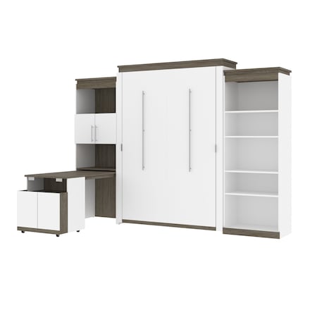 Bestar Orion 124W Queen Murphy Bed with Shelving and Fold-Out Desk (125W), White & Walnut Grey 116876-000017